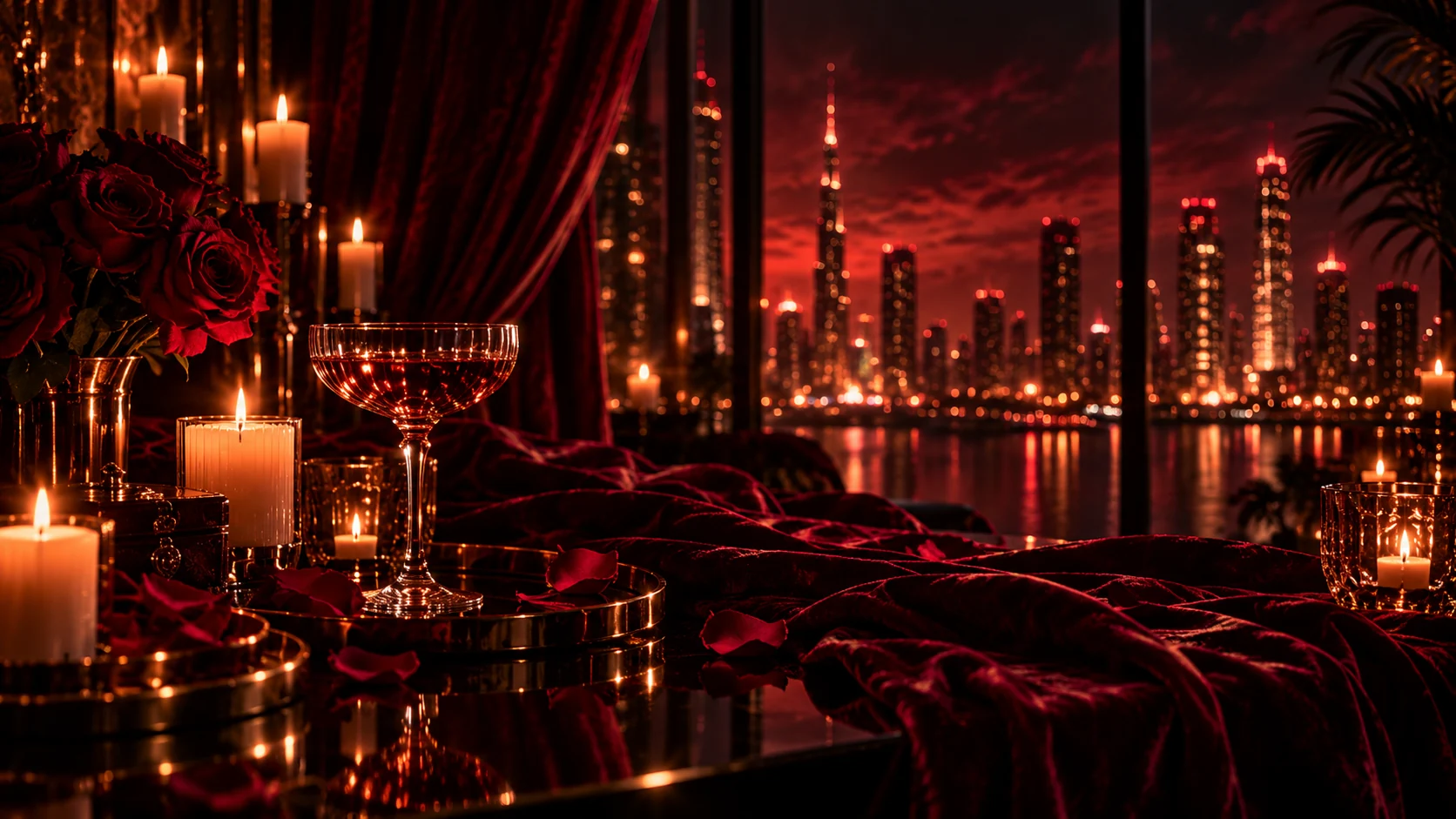 Candlelight and a glass beside a red velvet sofa at night