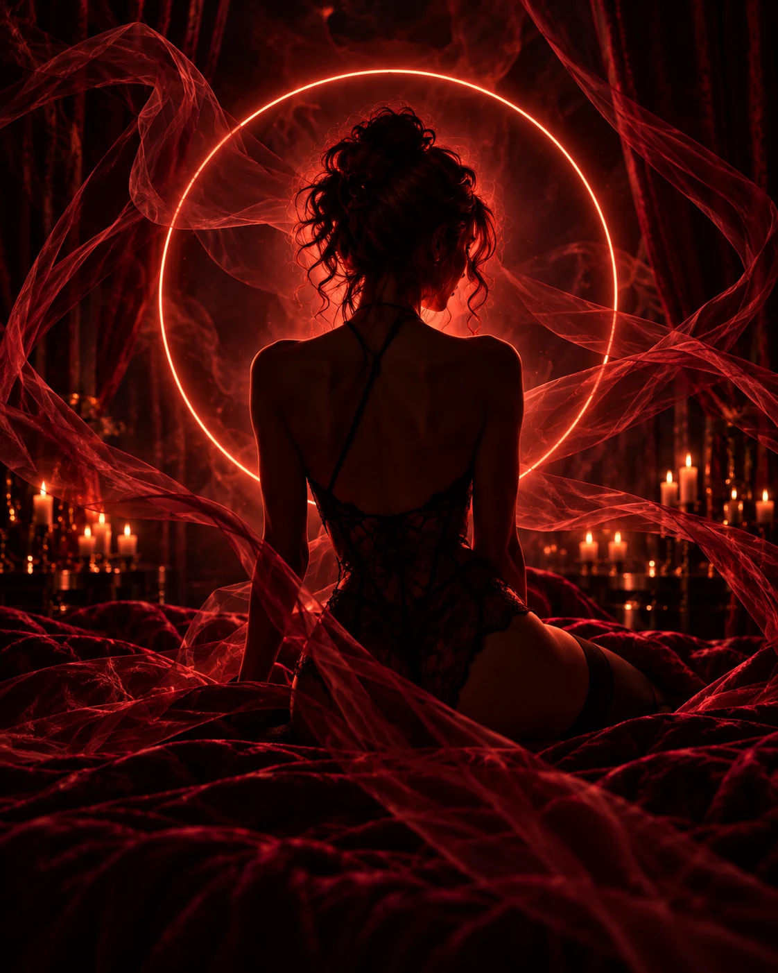 A red-lit silhouette framed by a luminous circle, representing a companion design
